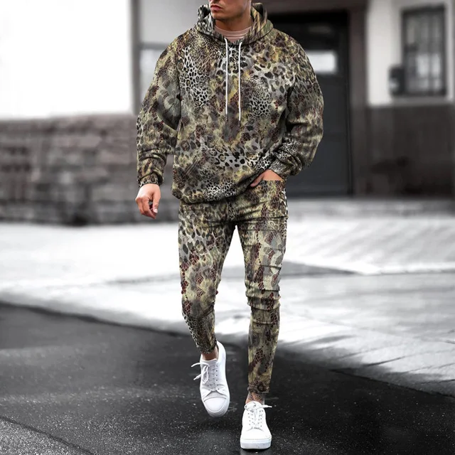 Men’s Tracksuit 2023 Autumn Winter 2 Piece Set Oversized Hoodies Leopard 3d Printed Jogging Fleece Sweatshirts+Sweatpants Suit