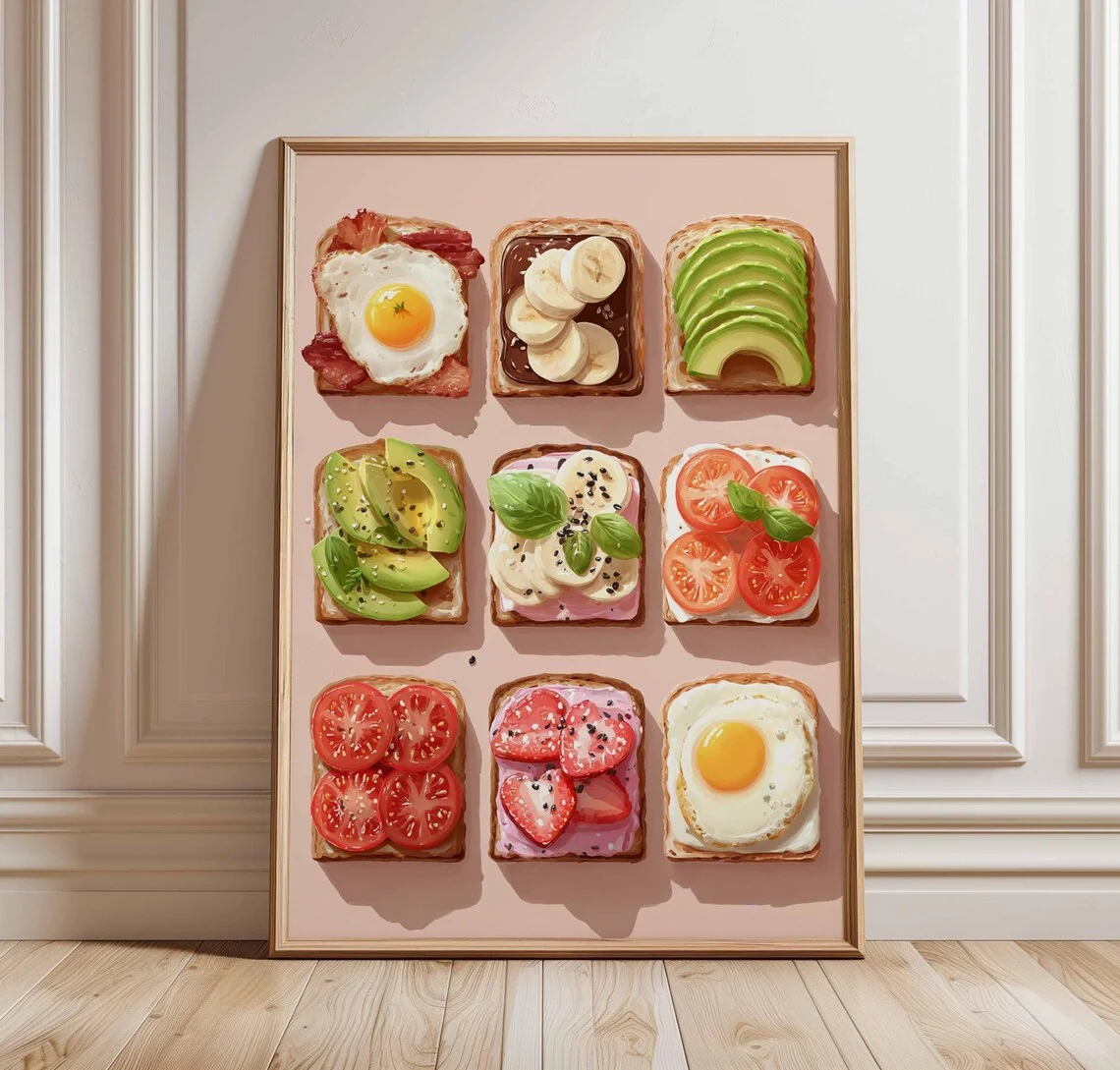 Breakfast Toast Poster, Avocado Toast Wall Art, Food Print for Kitchen, Fruit Toast Art, Brunch Decor, Colorful Kitchen Poster,
