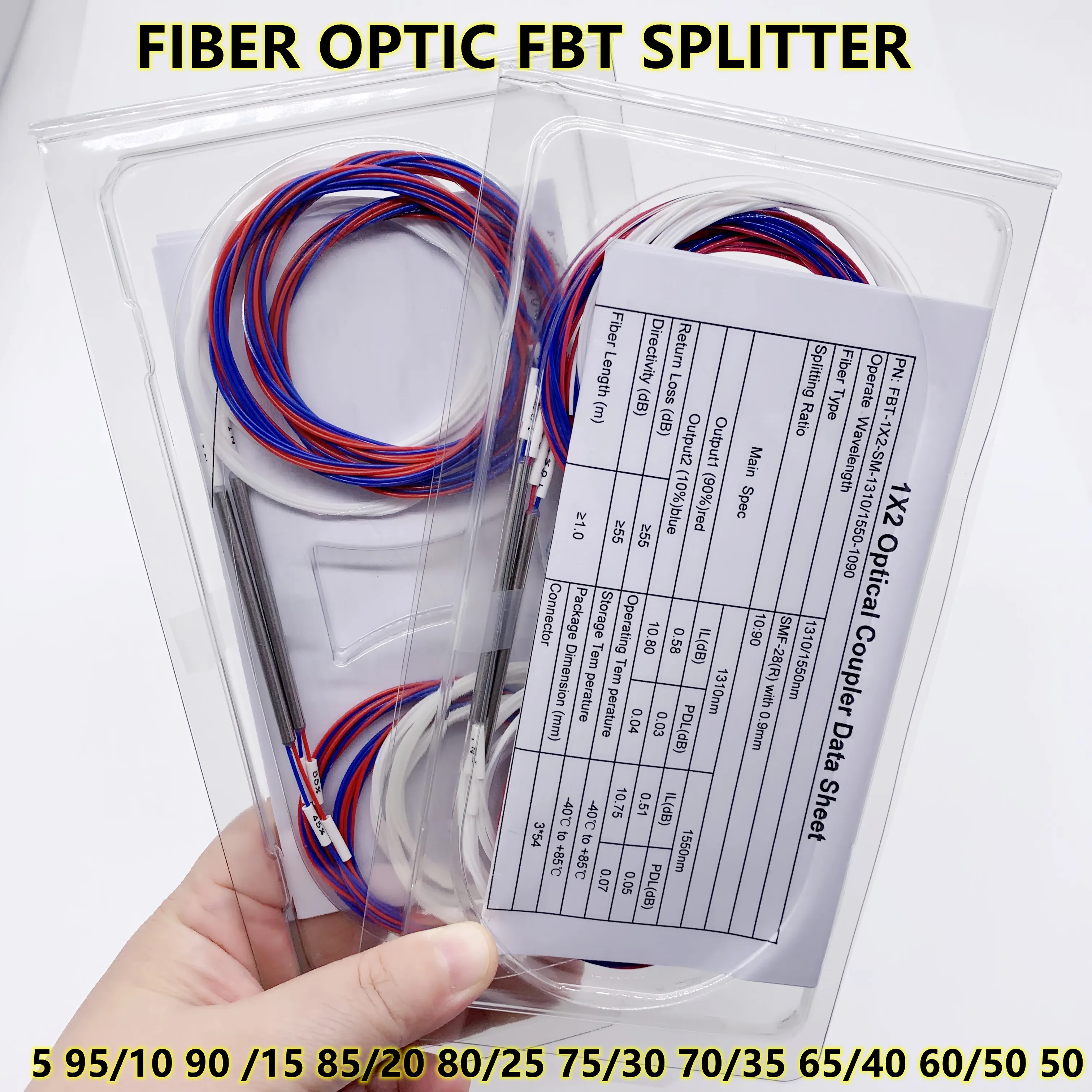 커넥터 없는 FBT 광섬유 스플리터, 1x2 0.9mm 5/59 10/90 15/25 20/80 25/75 30/70 40/60 50/50 언밸런스 커플러, 5 개