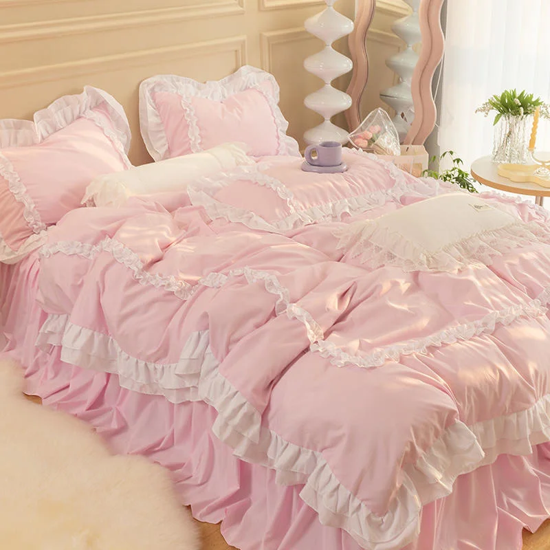 Koreaanse Ins-beddengoedset, Luxe Quilt Cover, Kussensloop Flat Lakens, Simple Girl Princess Ruffle Home Textiles