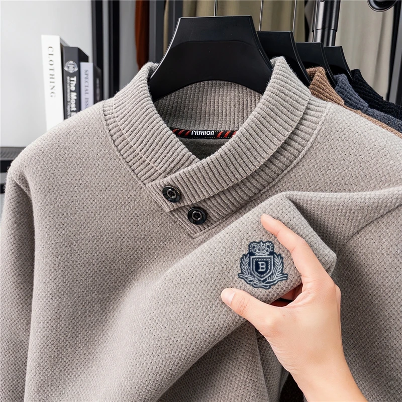 

Winter New Hot Sale Men's Knitted Sweater Scarf Collar Wheat Ear Embroidery Pullover Piled Thicken Warm Casual Brand Men's Wear