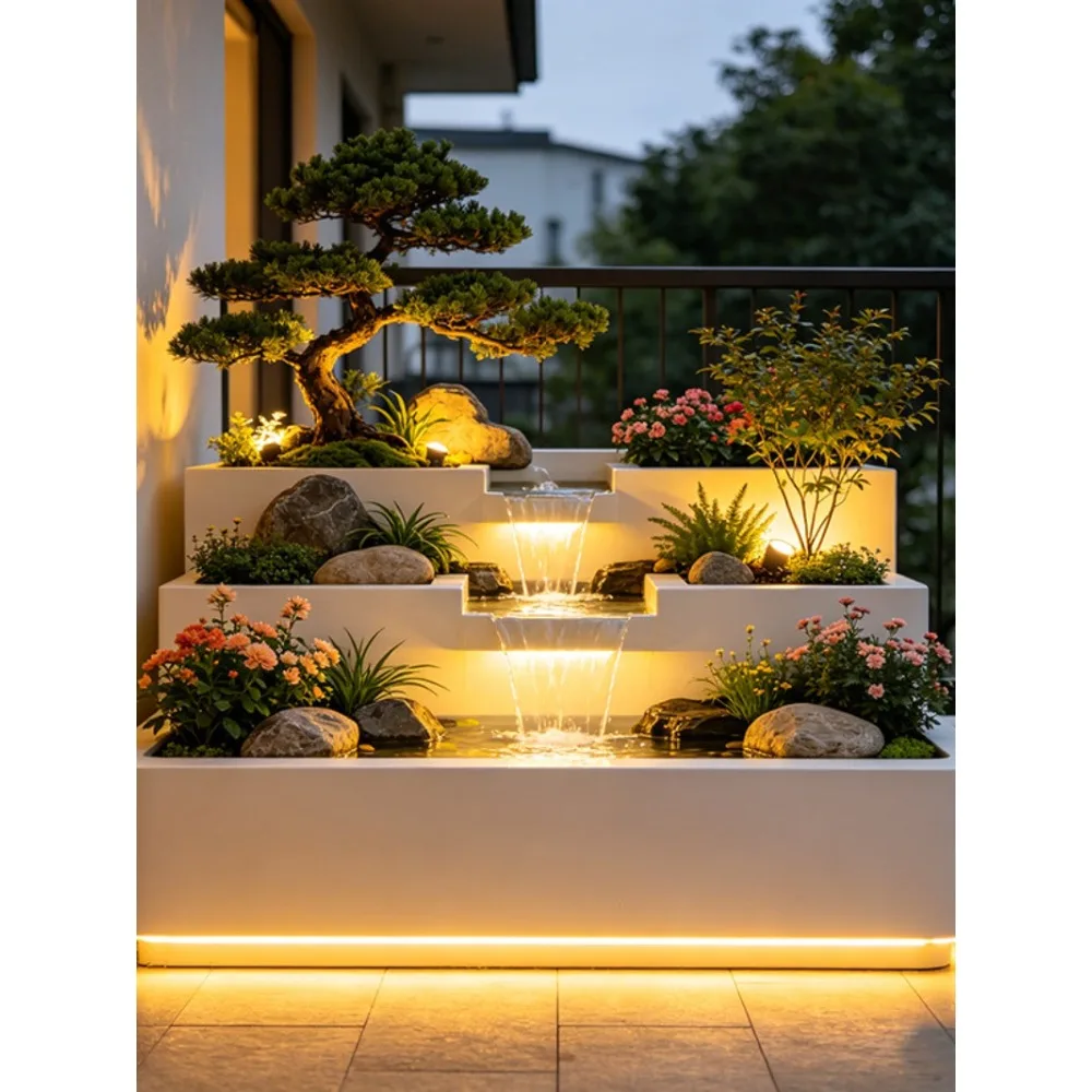 Luxury Stainless Steel Water Feature with Planter Modern Multi-tier Garden Fish Pond Fountain with LED Light Outdoor Villa Decor