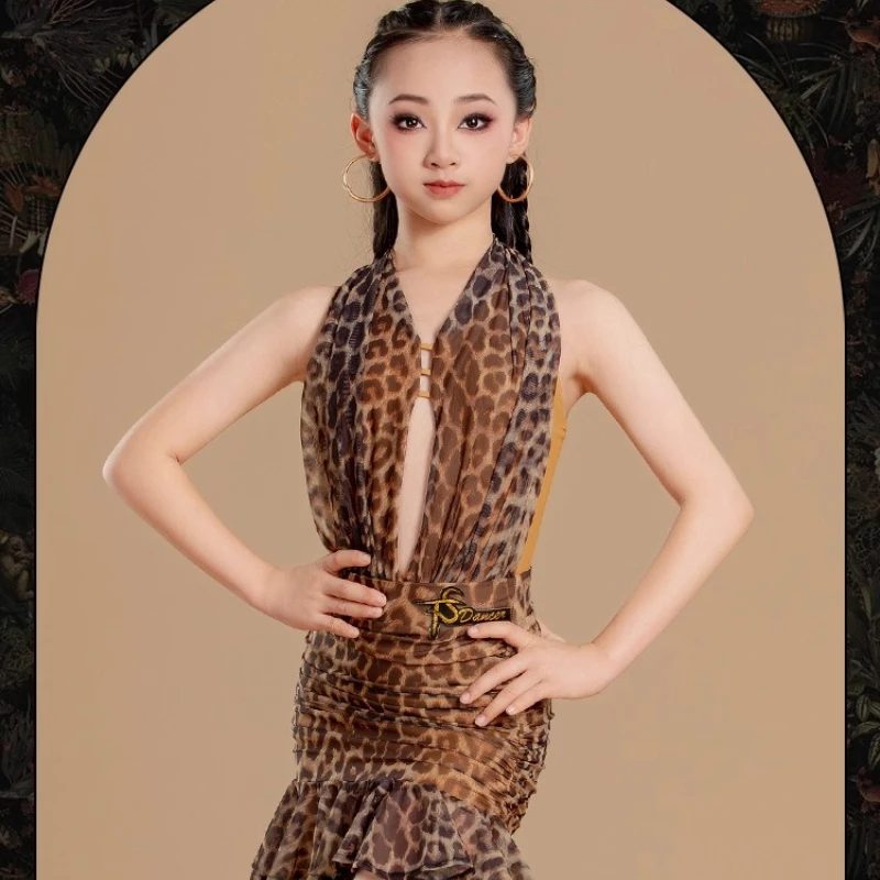 زي أداء الرقص اللاتيني للأطفال، مجموعة خيوط بطبعة الفهد للأطفال، مجموعة زي فئة التدريب، بدون عظم