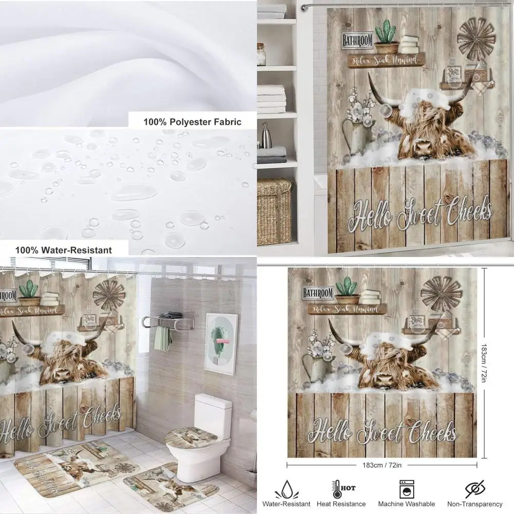 

Farmhouse Cow Shower Curtain Set with Non-Slip Mat and Toilet Rug, Waterproof Fabric, 72x72