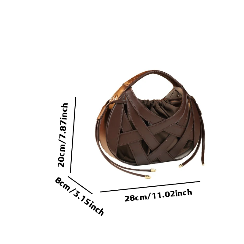 2026 New Woven Hollow-out Handbag Vintage Brown Drawstring Pleated Shoulder Crossbody Bag Women