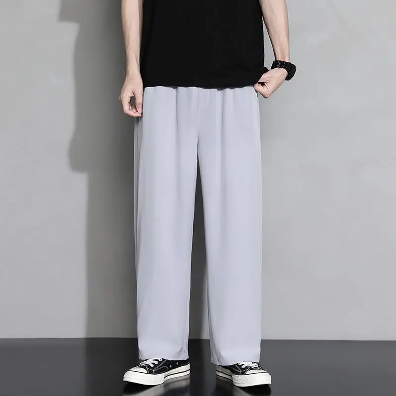 2023 Men's Clothing Sports Solid Color Office Elastic Waist Loose Man Straight Fashion Casual Thin Spring Summer Pockets Pants