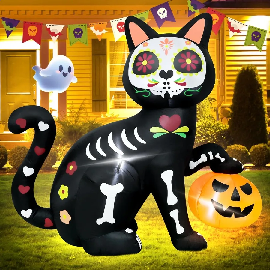 

5FT Skeleton Cat Halloween Iatable Decoration Pumpkin Decor Spooky Halloween Blow Up Decor for Parties with LED Lights Indoor O