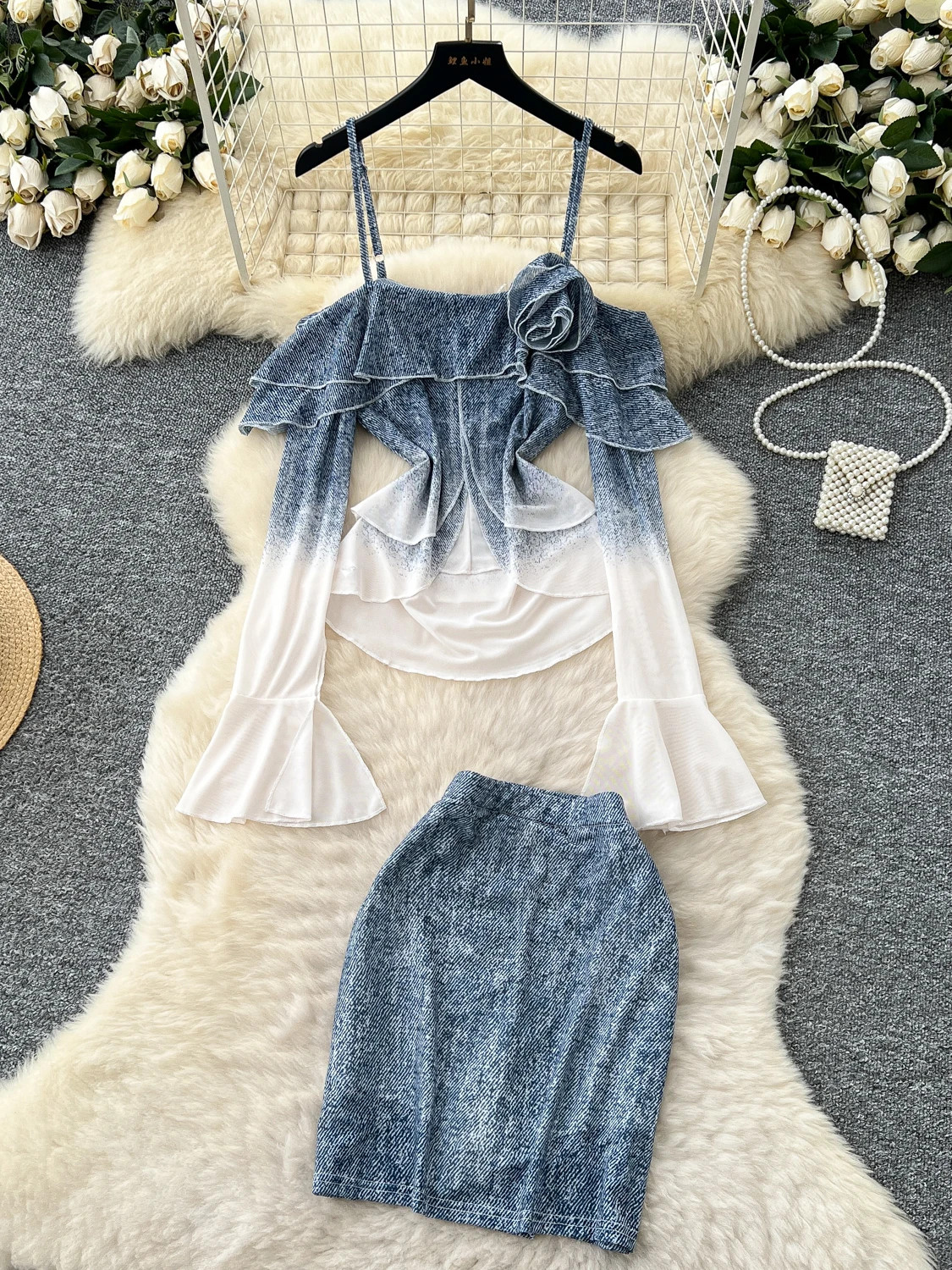 

Hot Girl Pure Desire Spicy Set Women's Design Sensation oulder Exposure Strap Bell Sve Split Top High Waist Bodycon ...