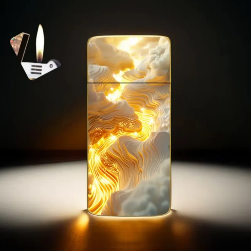 New Enamel Craft Metal Gass Lighter Ultra Thin Gold Pattern Portable Windproof Lighter Creative Gift for Men Business Daily Use