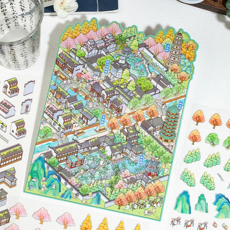 Mr.Paper 3 pegatinas de PET + 1 tarjeta de Diorama, calcomanías de casa en capas 3D de ciudad en miniatura para niños, manualidades, álbum de recortes, papelería IP urbana