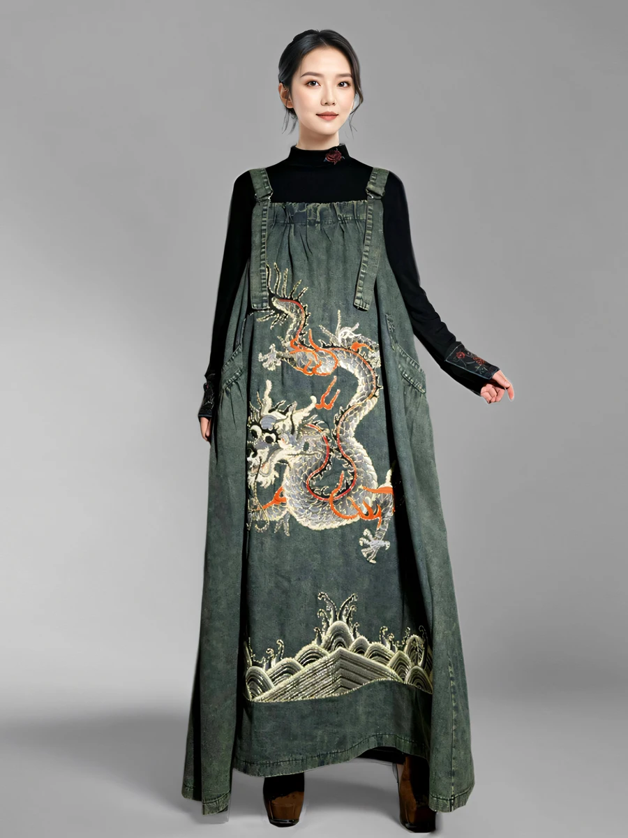

TIYIHAILEY Women Long Maxi Sleeveless Denim Summer Dresses Loose Chinese Style Embroidery 2025 New Vintage Ladies Clothing