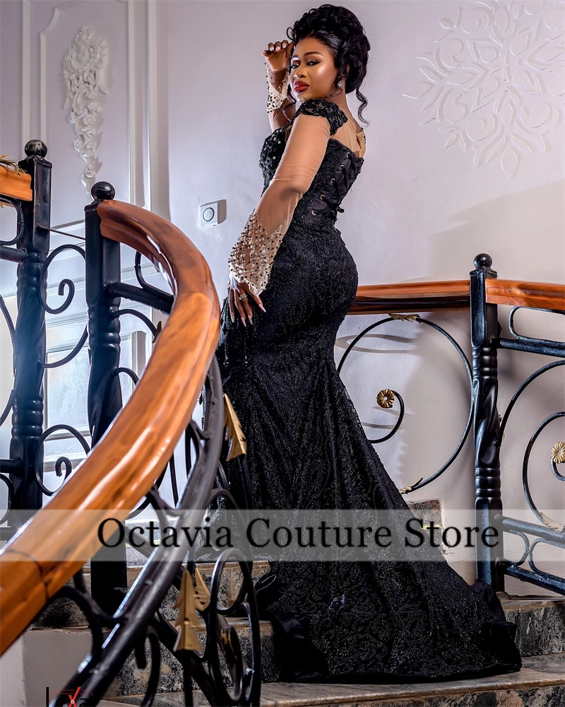 Abiti da sera Aso Ebi con nappa nera africana Abiti da cerimonia con maniche lunghe in cristallo con perline Abito formale con scollo a sirena personalizzato