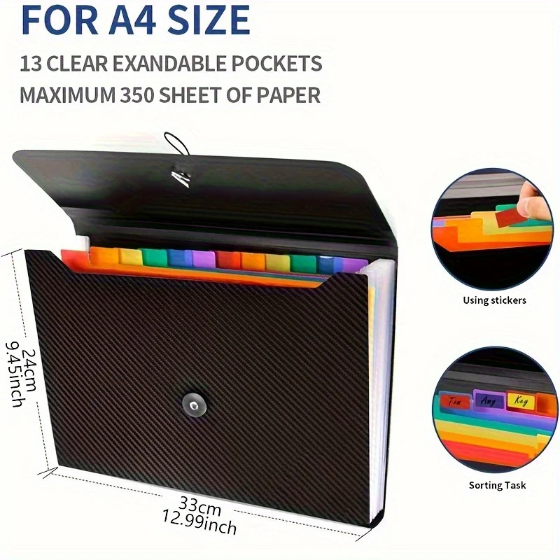 13 Pockets Accordion File Holder - Expanding File Folder Organizer for A4 Letter Size Paper Documents