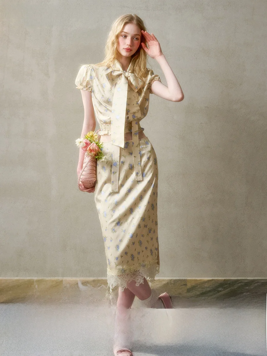 

Galaxy Eternal "Lemon" Lazy irt Lace Skirt Dr Ele Set Women's Faion Ensemble ort Sve Turn-down Collar Fr...