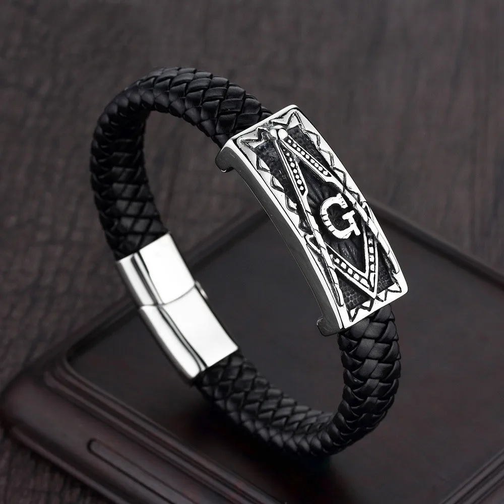 Classic Braided Leather Masonic Totem Bracelet Men's Charm Magnetic Clasp Bracelet Jewelry Gift