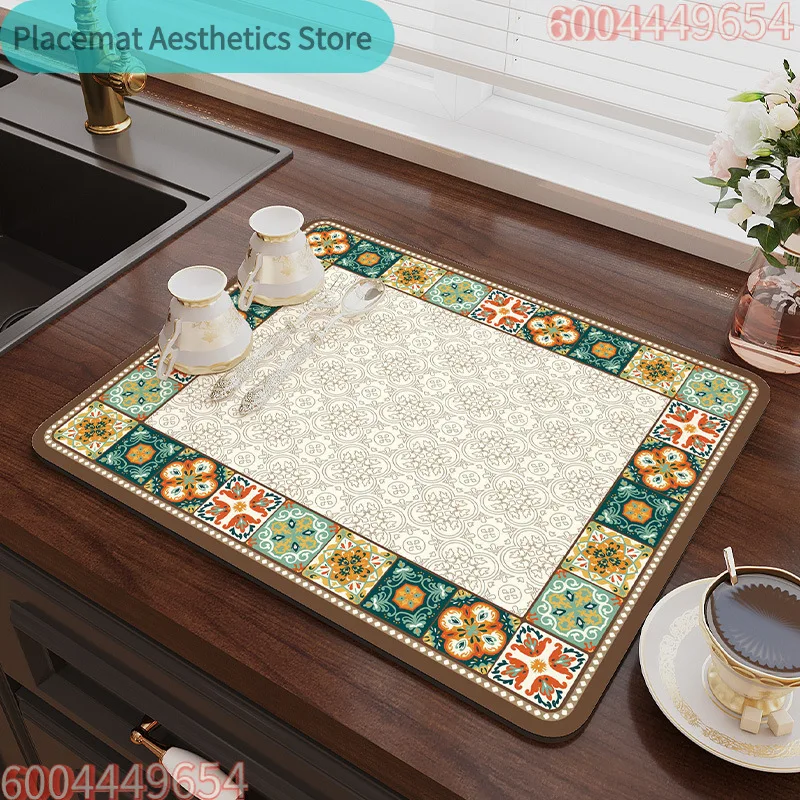 Rutschfeste Küchen-Abtropfmatte für Kaffee- und Geschirrtücher, schnelltrocknend, für Bad und Küche, mit geometrischem Blumenmuster, Tischunterlage