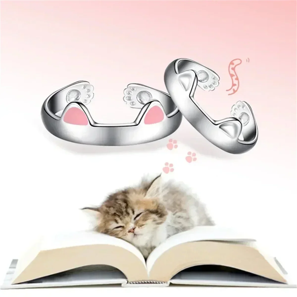Korean Cat Ear Ring Adjustable Cute Open Ring for Girls Students Creative Couple Ring Simple Jewelry Gift for Women image 5
