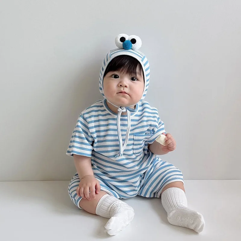 

2026 Summer New Baby Short Sleeve Striped Romper + Hat Infant Boy Girl Cute Cotton Casual Jumpsuit Newborn Clothes 0-24M