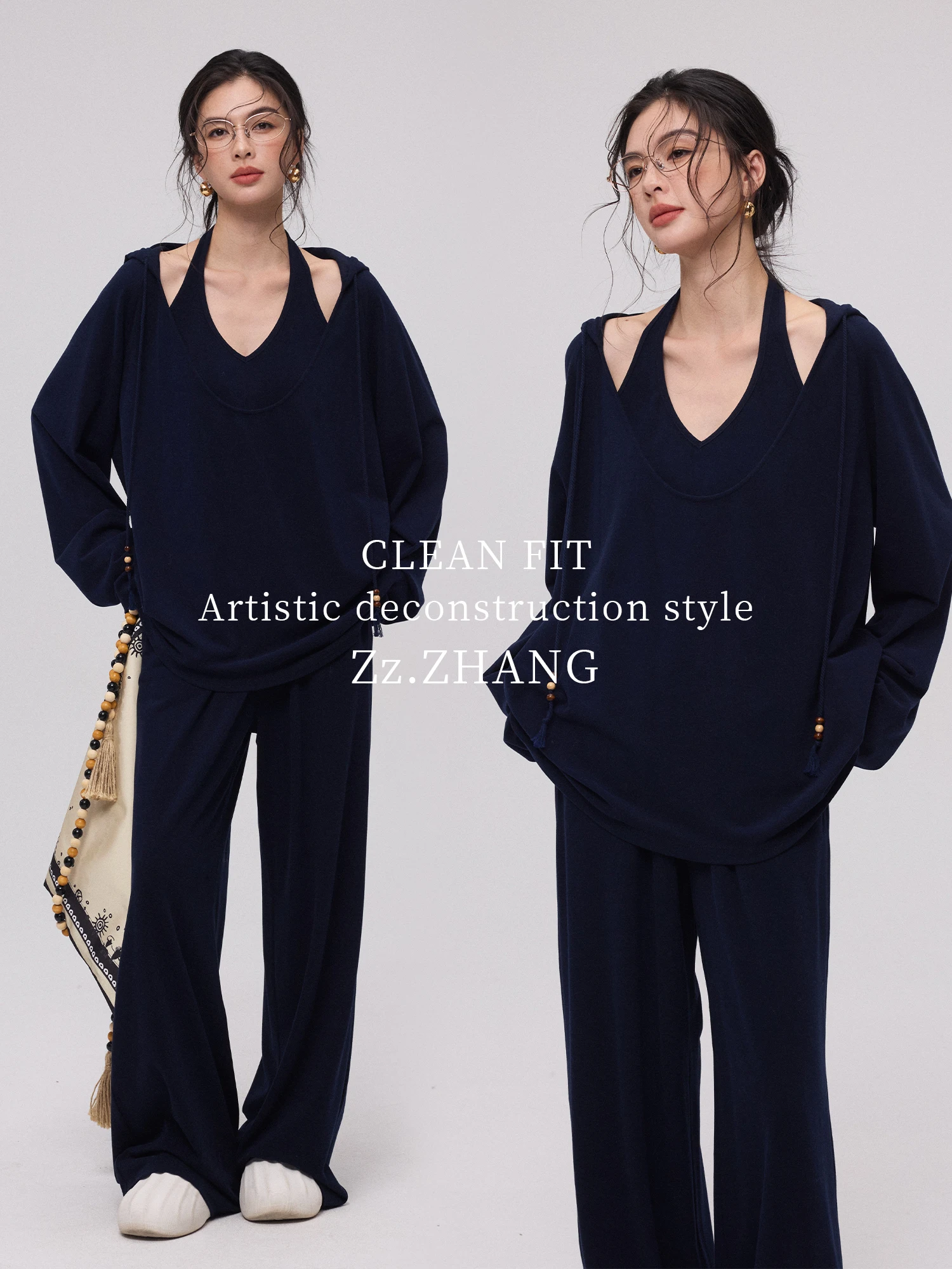 

ZzZHANG Natural Luxury Soft Touch Loose Lazy Deep Blue Hoodie Wide Leg Pants Set Spring Casual Sportswear Women's Ensemble