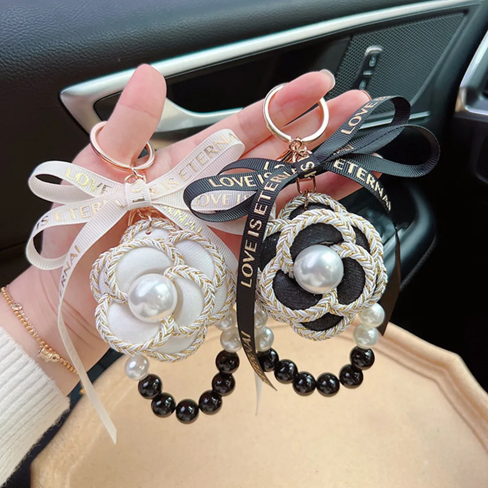 Women\'s Handmade Fabric Bow Keychains Black White Pearl Chain Camellia Key Chain Car Key Ring Bag Charm Girl Keyring Gifts Korea