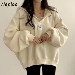 Neploe Spring Autumn New Sweatshirt V Neck Hooded Bat Sleeve All Match Pullover Tops Loose Comfortable Women Oversized Jacket