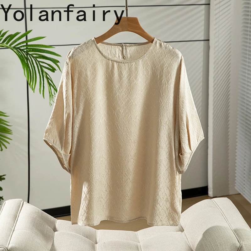 YOLANFAIRY ريال 100% التوت الحرير تي شيرت للمرأة الجولة الرقبة فضفاضة عادية تنوعا تيز الصيف بلايز أنيقة تي شيرت السيدات