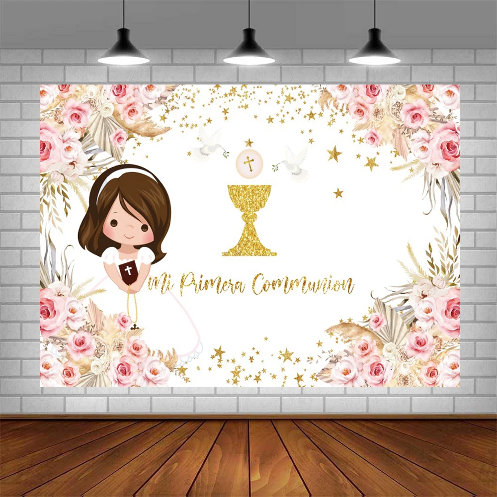 Fondo de fotografía de mi primera comunión para niños, telón de 6x4 pies, cáliz de crucifijo, brillo dorado, póster personalizado
