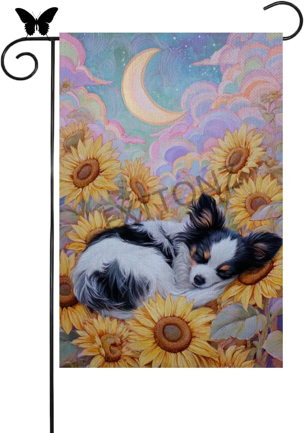 Welcome Spring Sleeping Papillon Dog Garden Flag 12x18 Inch Papillon Dog Decor Sunflower Seasonal Outdoor Decoration Funny H PPM