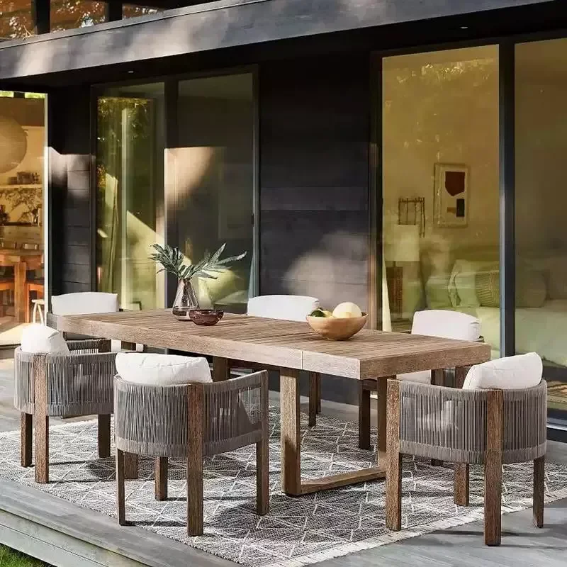 Outdoor Solid Wood Dining Set 1 Table 6 Chairs for Garden Hotel Restaurant Villa B&B Model Room Furniture