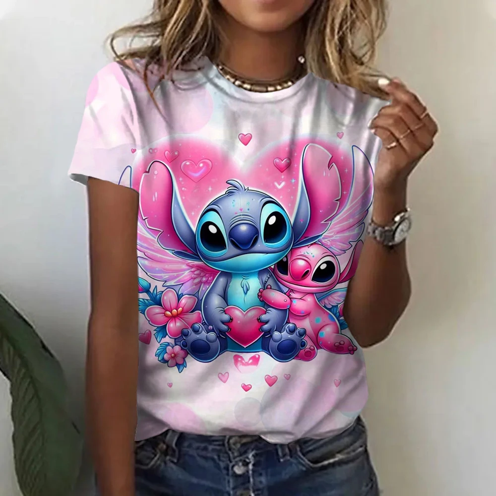 

Kawaii Lilo Stitch Print T-shirts Tops for Women Lady Summer Children T-shirts Casual O-neck Ohana Stitch Disney T-shirts