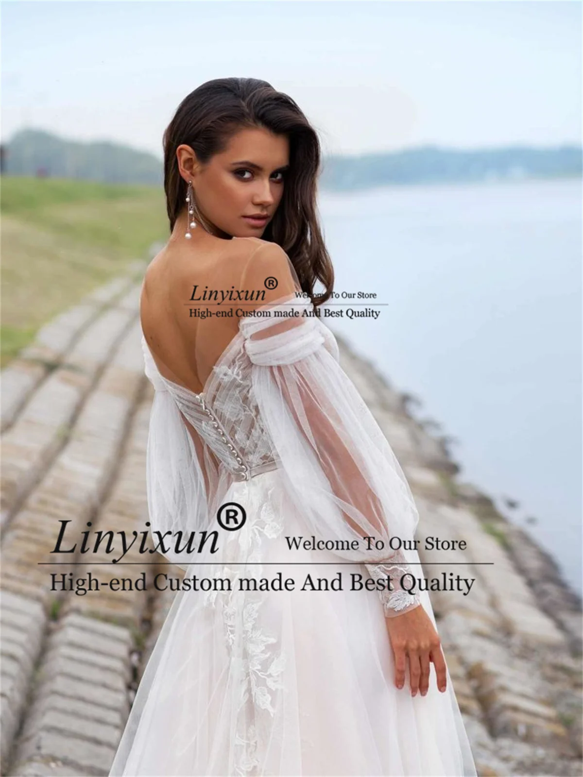 Elegant A-Line ชุดแต่งงาน Sweetheart ปิดไหล่ลูกไม้ Appliques ลูกปัดชุดเจ้าสาว Backless Sweep Train Robe De Mariée