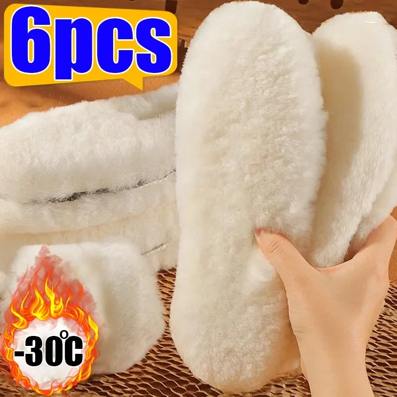 6/2Pcs Natural Sheepskin Wool Insoles for Shoes Men Winter Feet Warm Thicken Fluffy Fleece Insoles Women Snow Boots Shoe Pad