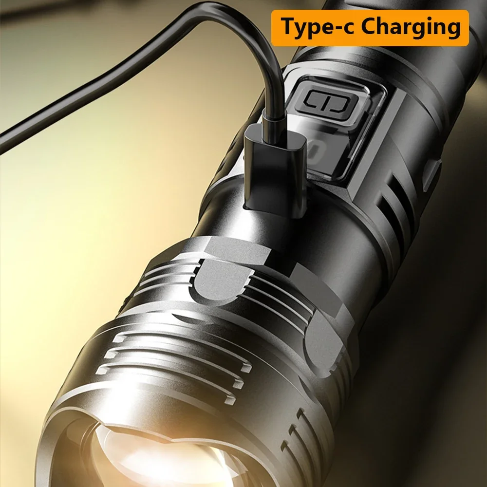 10W White Laser Flashlight Type-c Charging Telescopic Focus Torch Power Display High Power Flashlight Waterproof Camping Hiking