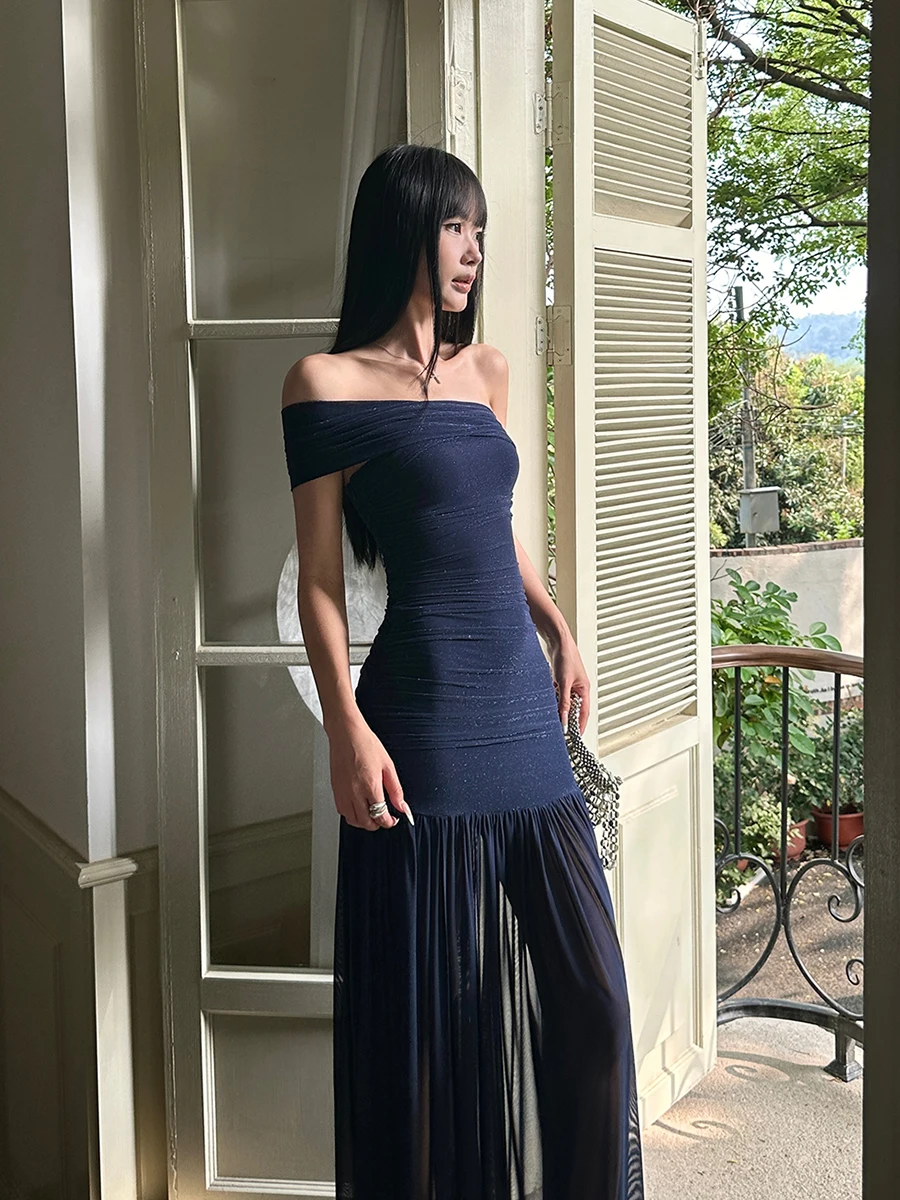 REDDACHiC الأزرق الملكي سباركلي حزب ثوب المرأة بريق شبكة واحدة الكتف مشد Ruched سبليت ماكسي فستان طويل Porm الملابس الرسمية