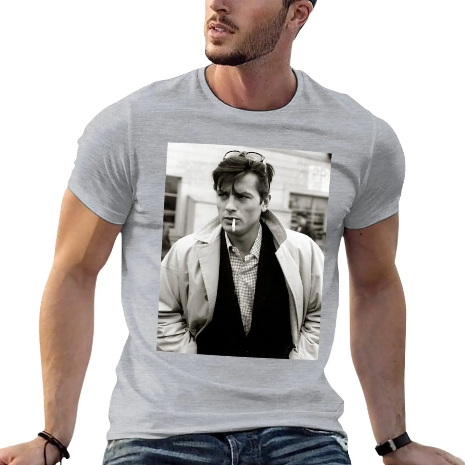 

Alain Delon smoking cigarette Classic T-Shirt funny shirt cotton Clothing Short sleeve tee shirts graphic tee t shirt for men
