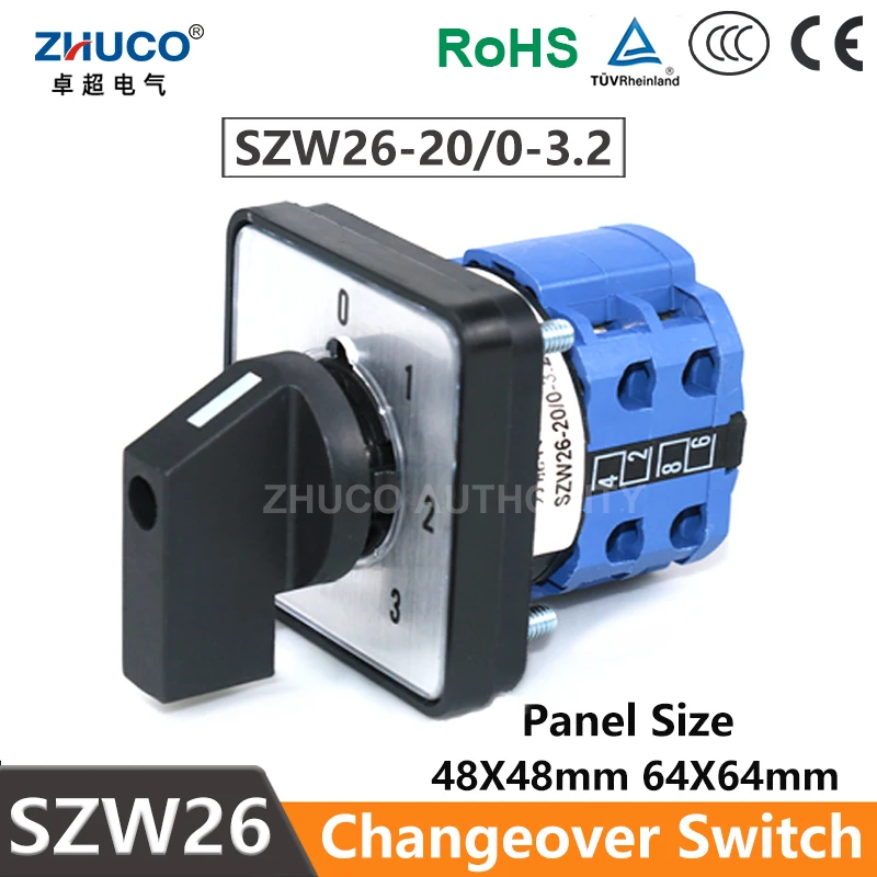 ZHUCO SZW26/LW26-20/0-3.2 4-positions 20A 660V Control Power Changeover Cam Switch 2 Poles LW28 LW39B Panel Mounted Selector