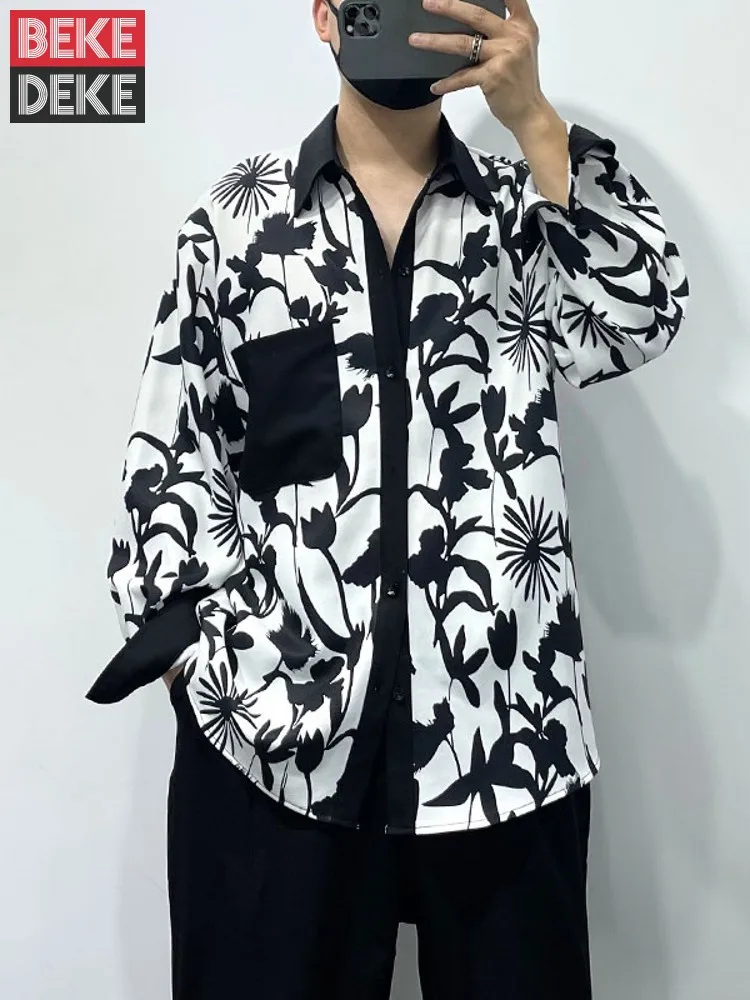 Hawaiian Irregular Floral Printed Mens Casual Beach Shirt Spring Summer Loose Fit Comfortable Long Sleeve Tops Streetwear Shirts