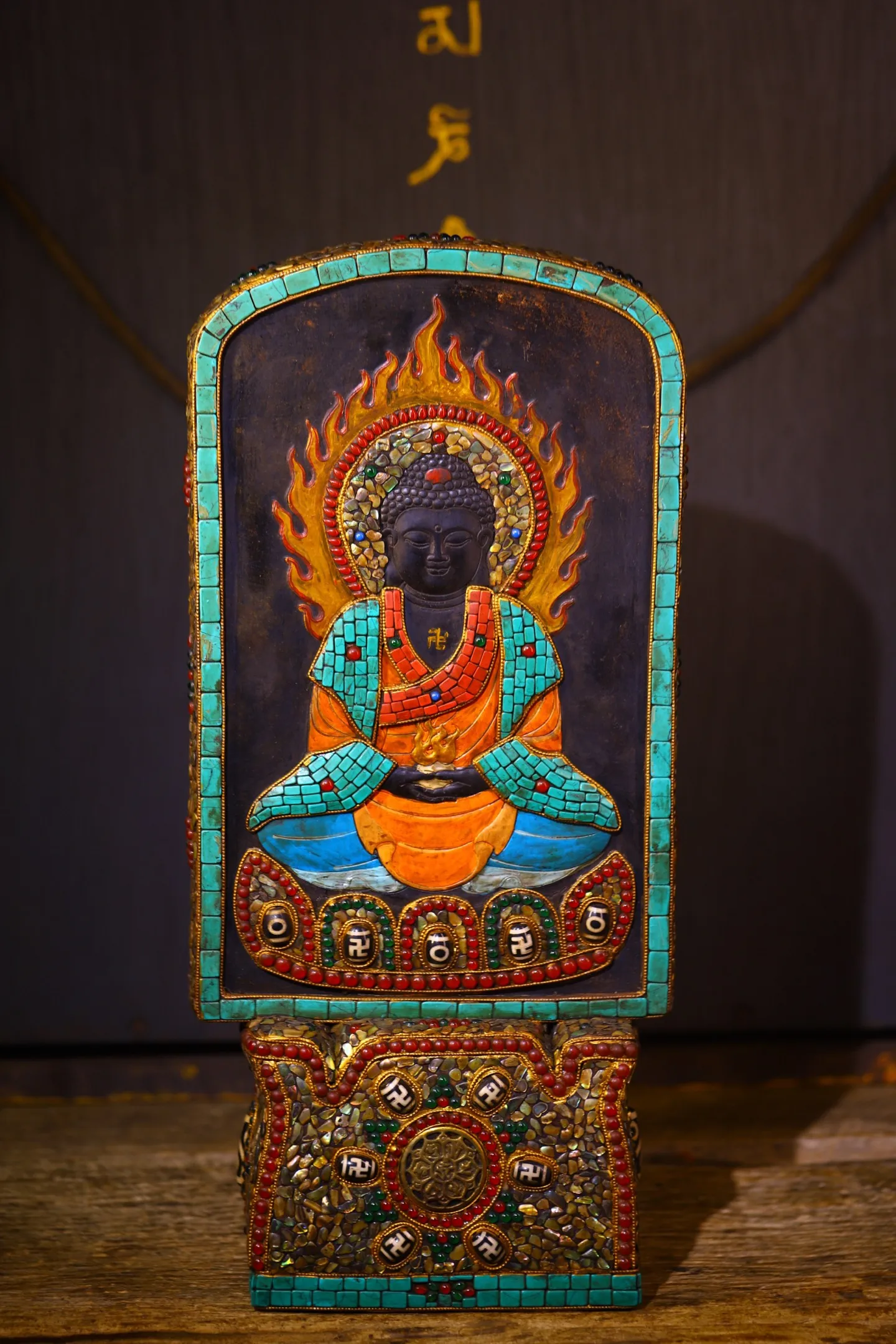 

15"Tibetan Temple Collection Old Natural Meteorite Mosaic Gem gZi Beads Turquoise Sakyamuni Buddha Amulets Buddhist Niche