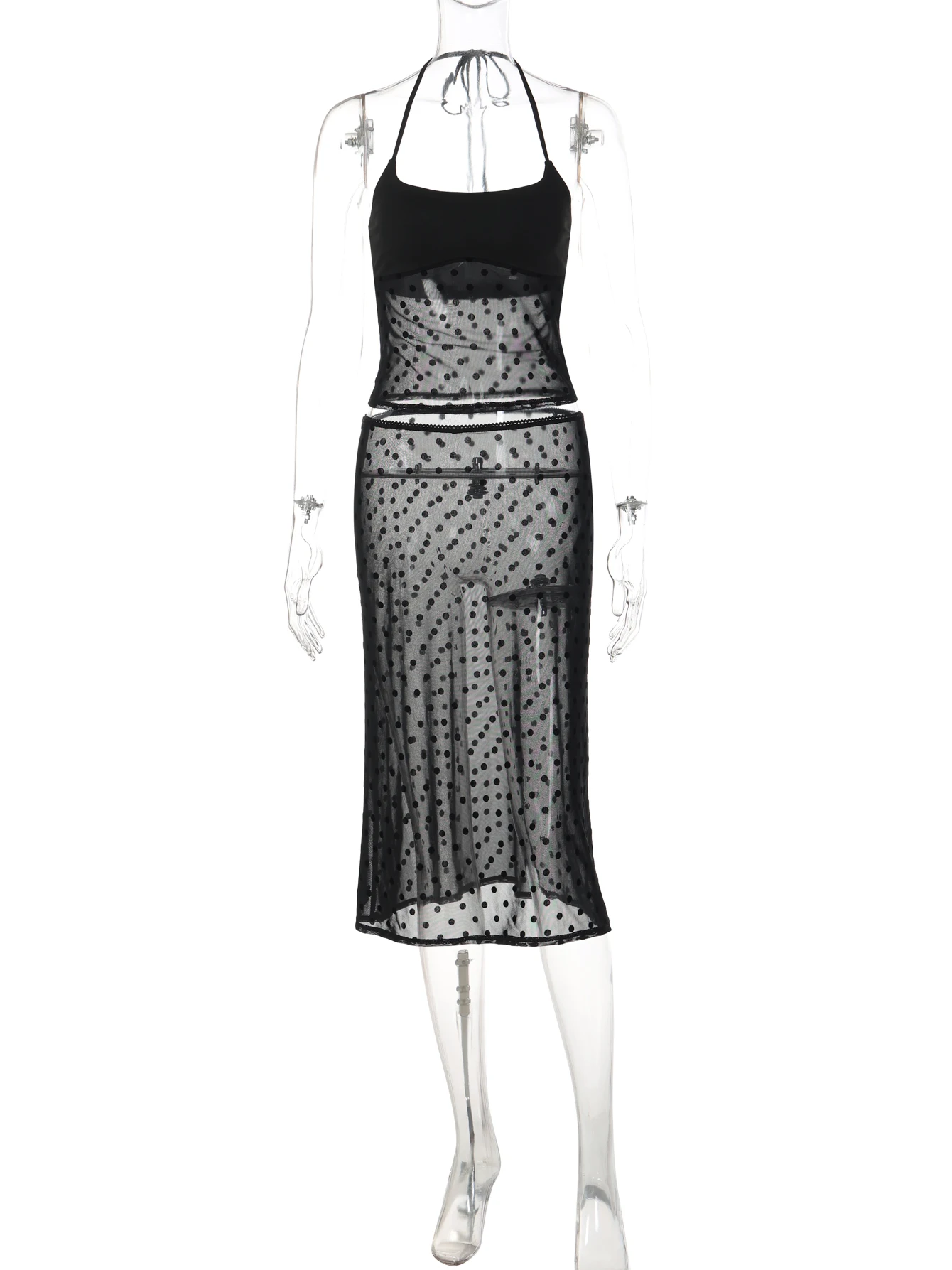 Hugcitar Fashion 2 Pcs Sets Polka Dot Print Slips Sexy See Through Crop Camis Top Maxi Skirt Summer Outfits Vacation Club view 6