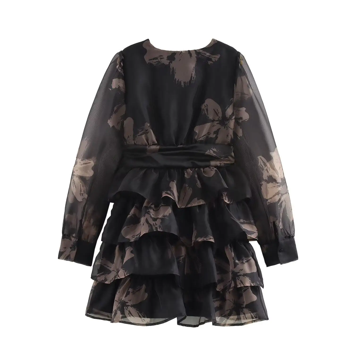 Vestido F E com Saia de Tule em Camadas e Decote em V, Design E em Tecido de Poliéster, Manga Longa, Cin...