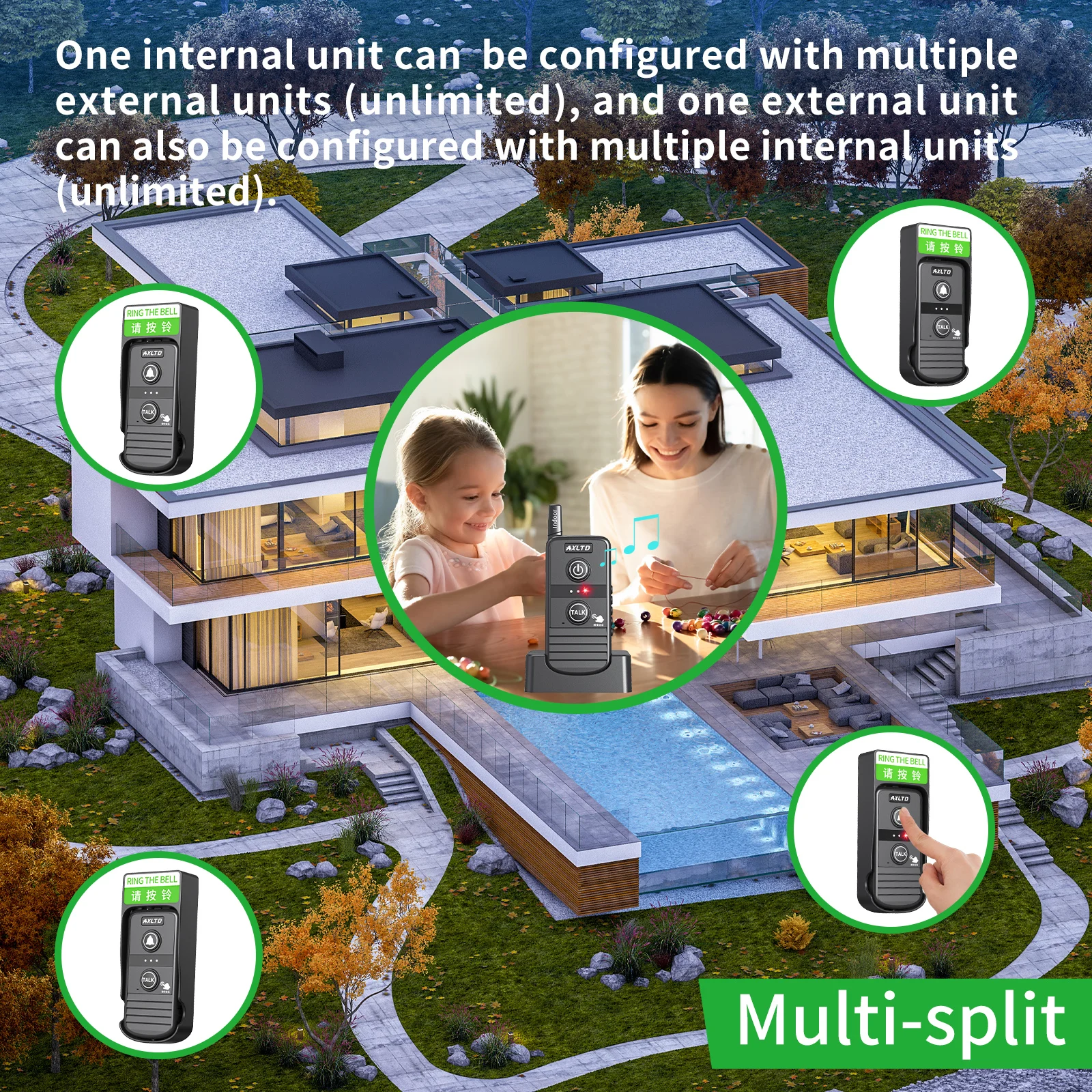 Wireless Doorbell Intercom System 1500m Range Waterproof Rechargeable with 3 Volume Levels & 20 Ringtones for Home Or Classroom