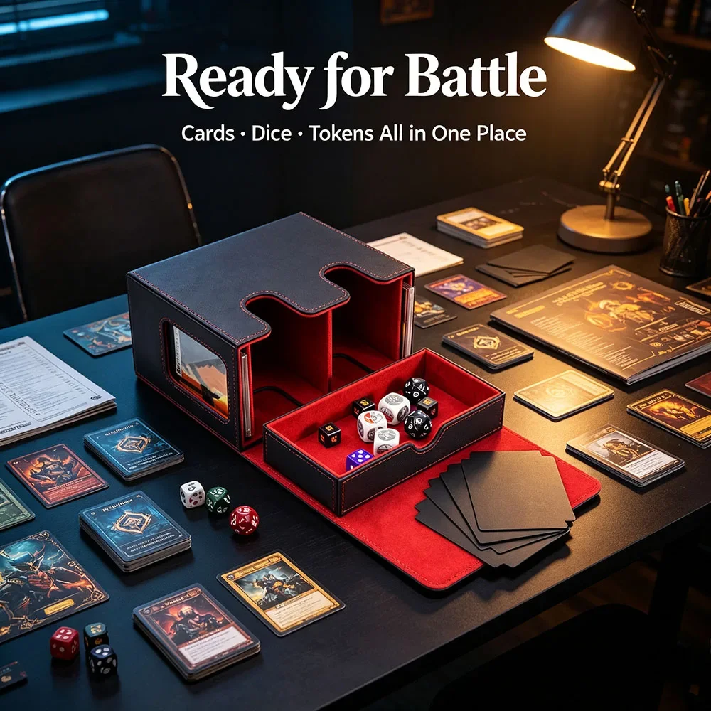 Large Game Card Box with Magnetic Closure – Double Window Concealed Drawer, Holds 260+ Single Sleeved Cards
