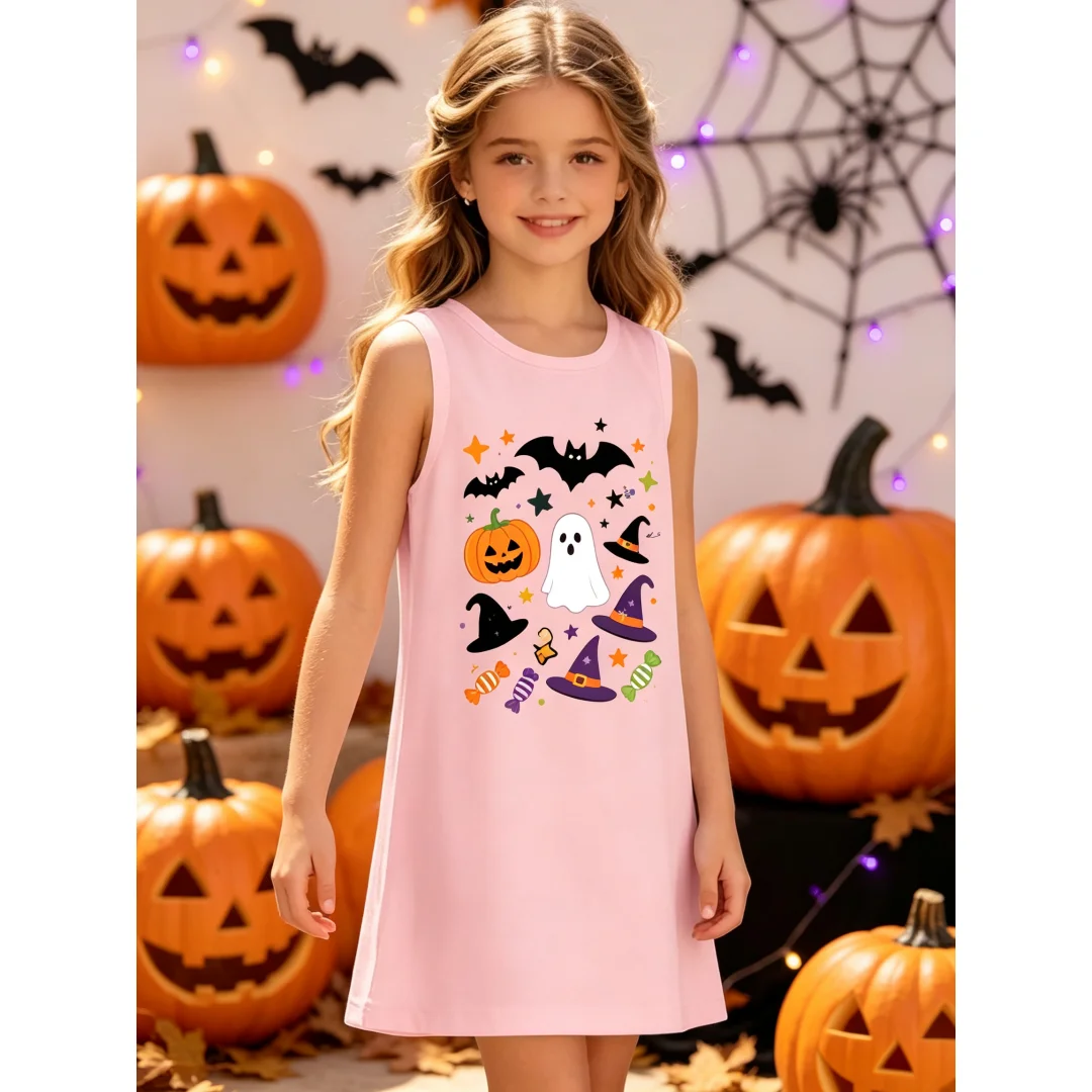 Halloween Girls Summer Sleeveless Shift Dress Pumpkin Ghost Bat Witch Hat Candy Print Casual Outfit for Holiday Party Daily Wear