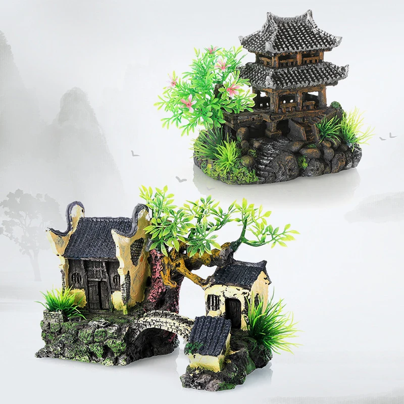 Harz Aquarium Dekoration simuliert Dachboden Pavillon künstliche Haus ansicht Rock Cave tree Aquarium Ornament Haustier liefert Home Deco