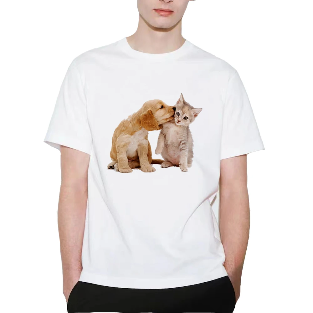 Dog and Cat Friend T-shirt Short Sleeve Tee Summer Cool Clothing Casual Oversized t shirt for Men B0107