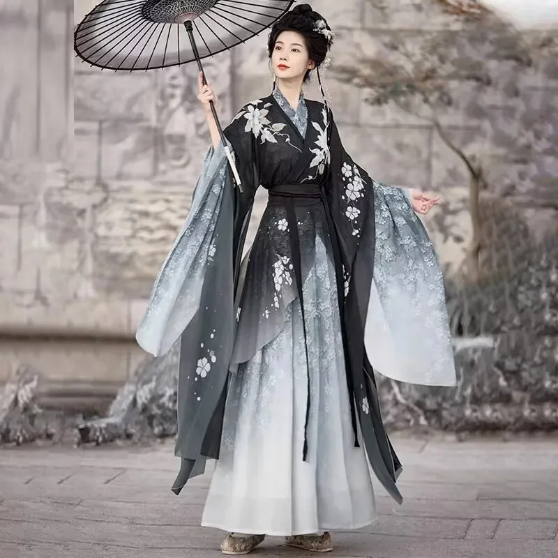 

Chinese Traditional Hanfu Dress Women Carnival Cosplay Costume Ancient Black Print Hanfu Set For Women Plus Size XXL