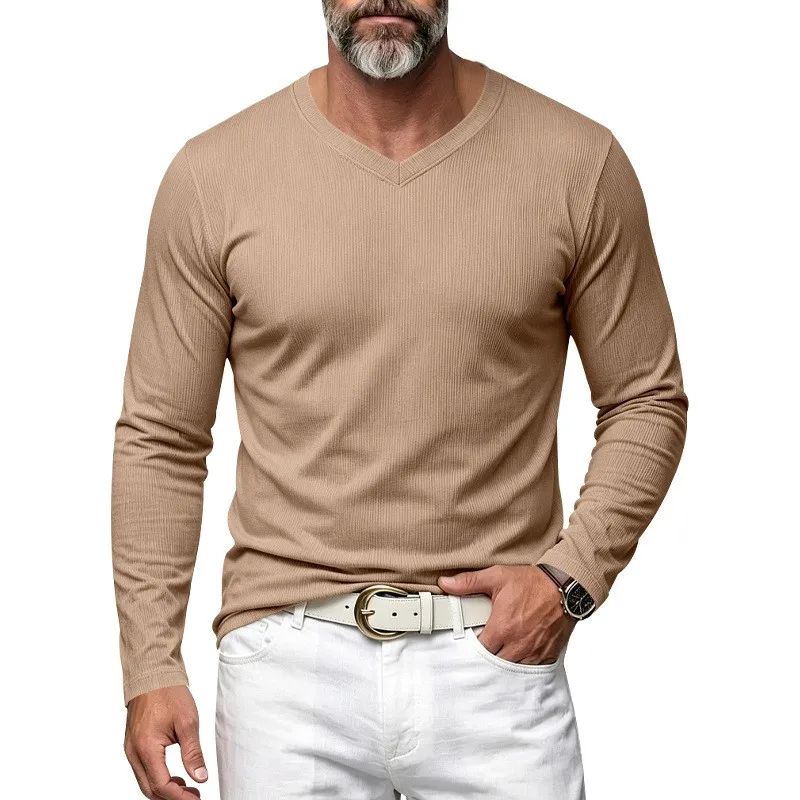 Herren Einteiliges Herbst- und Winter-Unterhemd mit V-Ausschnitt, Lässiges Loses Strick-Langarm-T-Shirt, Weiches und Dehnbares Basic-Layering-Oberteil – Detail 17