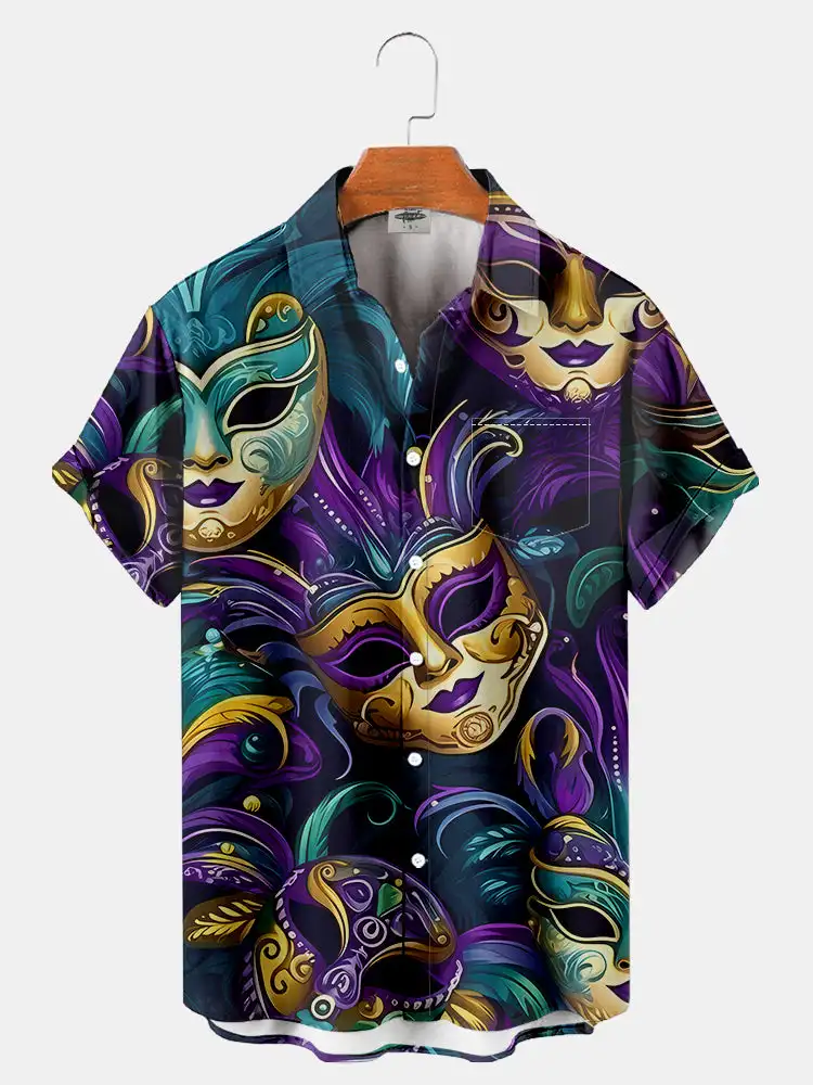 2025 Carnival themed novelty pattern men's fashion short sleeve lapel shirt, summer party dress, men's gift festival shirt