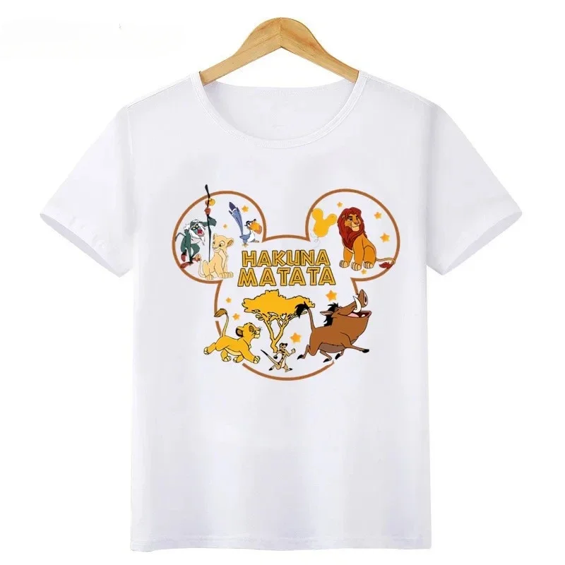 Disney Hakuna Matata T-shirts The Lion King Simba Cartoon Print 2024 Summer Children T-Shirts Boys Girls Kids Men Family Tees