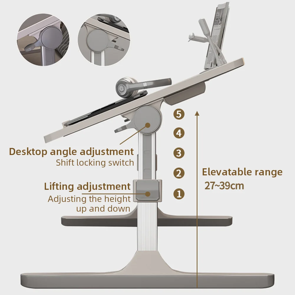 โต๊ะแล็ปท็อปปรับได้สำหรับเตียงพร้อมชั้นวางหนังสือลิ้นชักปรับความสูงได้9.4 "-12.6" ที่ยึดโต๊ะคอมพิวเตอร์อะลูมินัมอัลลอย
